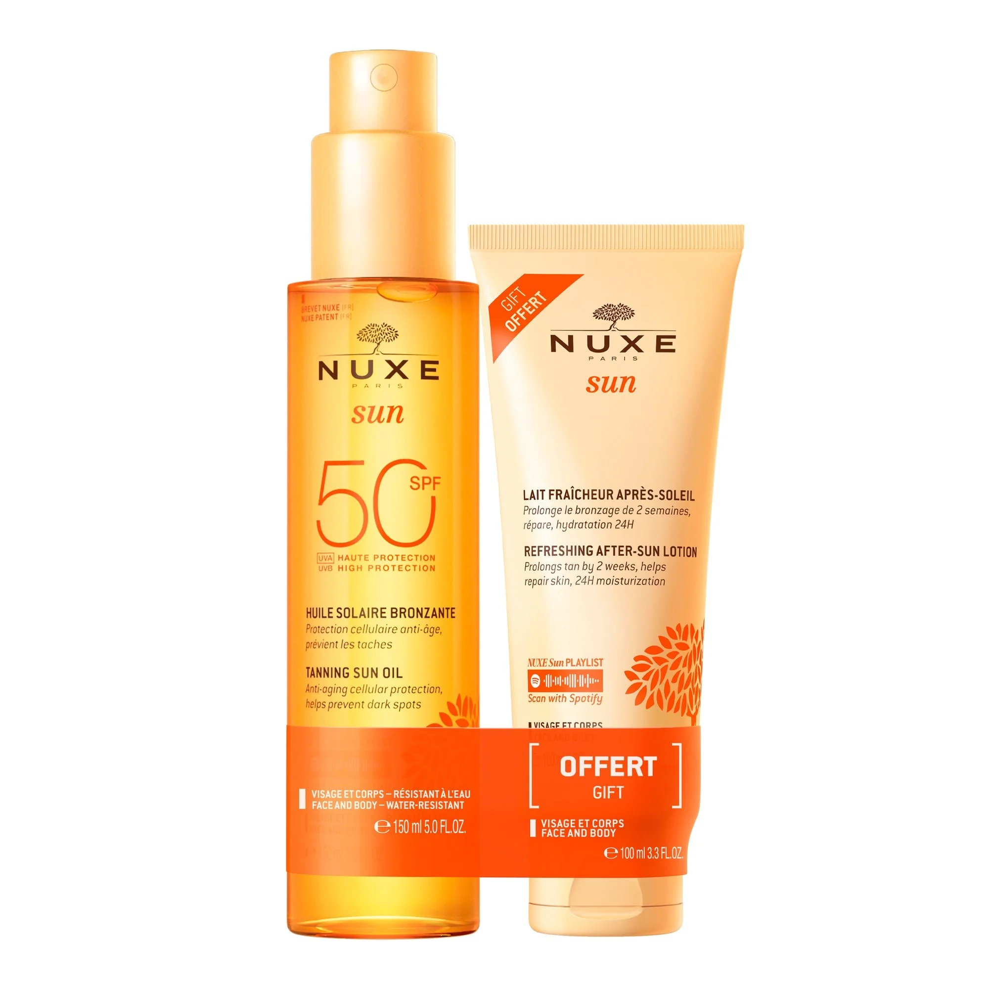 Duo Huile Solaire Bronzante Haute Protection SPF50 et Lait Fraicheur Après-Soleil 100ml offert